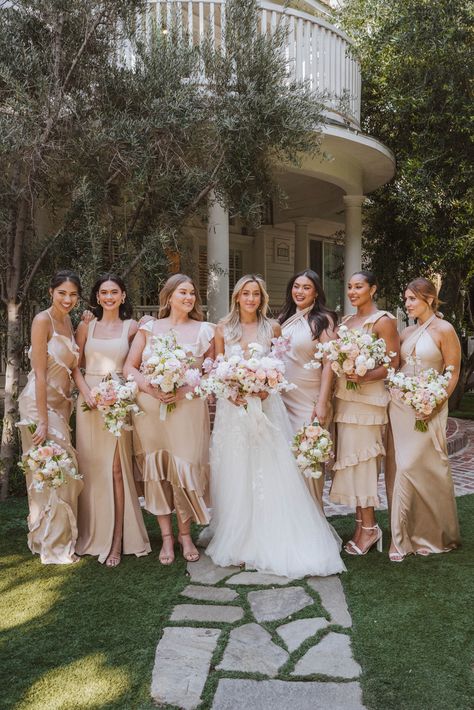 Bridgerton Bridesmaid, Bridal Shoot Ideas, Mismatched Bridesmaid Dress, Mixed Bridesmaid Dresses, Tan Bridesmaids, Tan Bridesmaid Dresses, Nude Bridesmaid Dresses, Champagne Bridesmaid Dress, Champagne Dresses