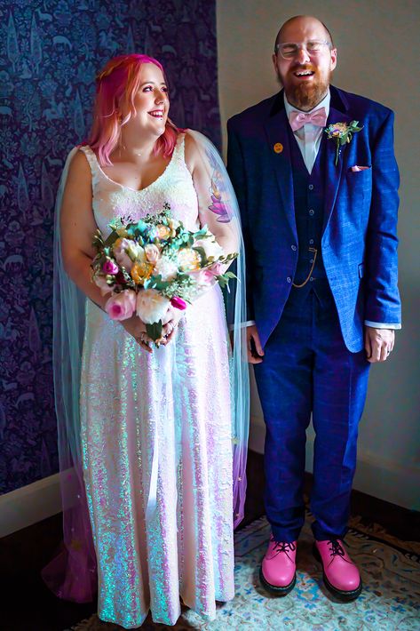 Iridescent Realness: A Super Pink & Sparkly Wedding with BTTF, Harry Potter and Idles References! · Rock n Roll Bride Wedding Dress Iridescent, Irridescent Wedding Dress, Iridescent Bridesmaid Dress, Opal Wedding Dress, Platonic Wedding, Cyberpunk Wedding, Iridescent Wedding Dress, Campy Wedding, Trans Wedding