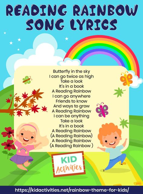 Reading rainbow song lyrics printout. #RainbowSongs #RainbowIdeas #Rainbow Rainbow Poem, Rainbow Song, Elementary Librarian, Rainbow Games, Rainbow Songs, Learning Activities For Kids, Kindergarten Songs, Award Ribbons, Prek Classroom