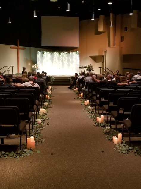 Wedding Decor For Isle, Isle Candles Wedding, Small Wedding Aisle Decorations, Indoor Simple Wedding Decorations, Lighted Aisle Wedding, Candles In Wedding Aisle, Candles Church Wedding, Pillar Candles Wedding Aisle, Wedding Aisle Decorations Indoor Simple