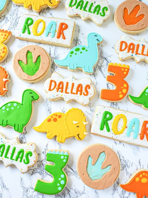 1st Birthday Dinosaur Cookies, 3rd Birthday Dino Cookies, 3 Rex Birthday Cookies, Dinosaur Themed Cookies, Triceratops 3rd Birthday, Dinosaur Theme Cookies, Dinosaur Footprint Cookies, Dino Ranch Cookies, Dinosaur Birthday Party Cookies