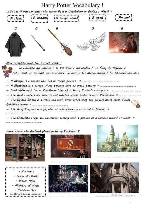 Harry Potter project - vocabulary (WS 3) - English ESL Worksheets for distance learning and physical classrooms Harry Potter English, Harry Potter Lessons, Magic Elements, Harry Potter Activities, Classe Harry Potter, Harry Potter School, Harry Potter Classroom, Harry Potter Harry, Harry Potter Printables