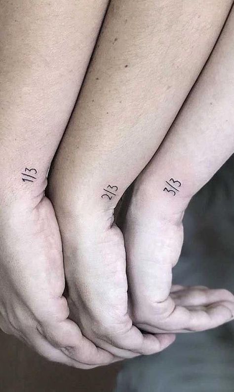 Gender Neutral Family Tattoos, Friends Tattoo For 3, Coordinating Best Friend Tattoos, 3 People Tattoo Ideas Matching, Fraction Tattoo, Best Friend Tattoos 3 People, Triple Tattoo Friends, 3 Siblings Tattoo, Tattoos For 3 Siblings