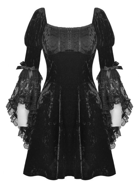 Black Gothic Princess Bell Lace Sleeves Velvet Short Dress - Devilnight.co.uk Gothic Dress Elegant, Bell Sleeve Velvet Dress, Goth Dresses, Head Turning Dress, Velvet Dress Short, Gothic Princess, Gothic Dresses, Sleeved Velvet Dress, Goth Clothes