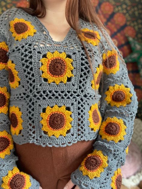 Sunflower Sweater MADE TO ORDER | Etsy Amigurumi Patterns, Sunflower Sweater, Crochet Sweater Top, Crochet Shorts Pattern, Crochet Jumper, Crochet Ladies Tops, Crochet Sunflower, Crochet Inspiration