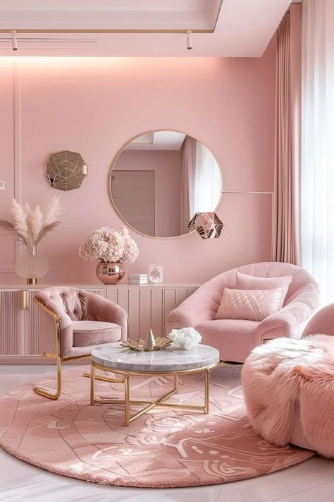 50 Modern Pink Room & Interior Design For 2024 With DIY Tips - Latest & Trendy Nail Designs Living Room Pink And White, Pink And Gold Lash Room, Blush Apartment, Pink And Gold Living Room, Modern Pink Room, Blush Interior Design, Gold And Pink Room, Pink Room Interior, Pink Glam Room