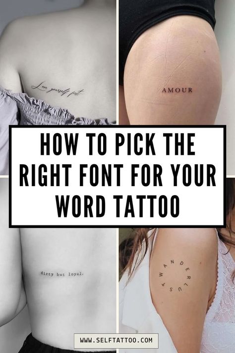 Discover how to pick the perfect font for your tattoo with our comprehensive guide. Explore various lettering styles, from cursive to calligraphy, and find the ideal writing style for your tattoo ideas. Get inspired to create a meaningful and stylish word tattoo Line Back Tattoo, Fine Line Back Tattoo, French Word Tattoos, Word Tattoo Placements, Cute Cursive Font, Tattoo Writing Fonts, Tattoo Word Fonts, Self Tattoo, Meaningful Word Tattoos