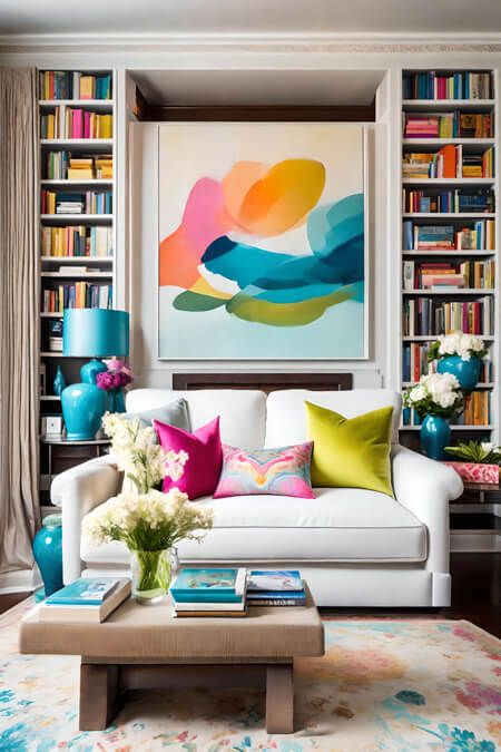 How to Decorate with Bright and Bold Colors Without Looking Juvenile Black And White Rooms With Pop Of Color, Modern Living Room Bright Colors, Colorful House Decor Modern, Living Rooms With A Pop Of Color, Colorful Bright Living Room, White And Colourful Living Room, Bright Interior Design Living Room, Light And Bright Home Decor, Modern Colorful Interior Design