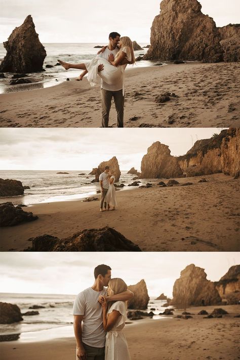 Engagement Photoshoot Outfit Beach, Couple Poses Photography Beach, El Matador Beach Engagement, Beach Golden Hour Photoshoot, Couple Photoshoot Beach Ideas, El Matador Beach Photoshoot, Beach Photoshoot Engagement, Malibu Engagement Photos, Beach Couple Photography Poses