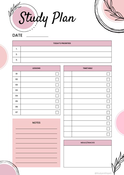 Great study planner to plan your study sessions! With designated places for your top priorities, lesson plans and time tables will keep you more accountable and organized The cute design will motivate you also! Study Time Table Ideas Student, Study Planner Free, Student Planner Organization, Study Plan Template, Study Planner Printable Free, Study Time Table, Exam Planner, Best Daily Planner, Study Planner Printable