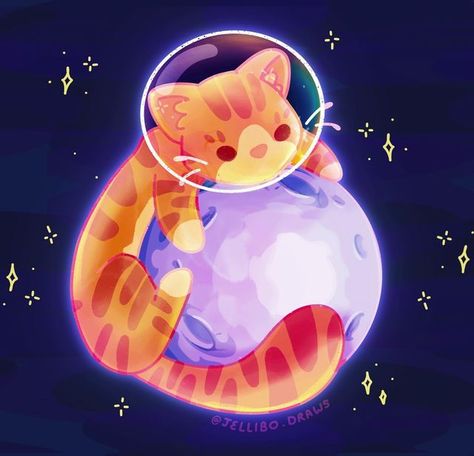 Kawaii, Cats In Space Drawing, Space Cat Illustration, Space Cute Aesthetic, Keyhole Art Ideas, Astronaut Cute Drawing, Cat In Space Drawing, Floating Cat Drawing, Astronaut Cat Drawing