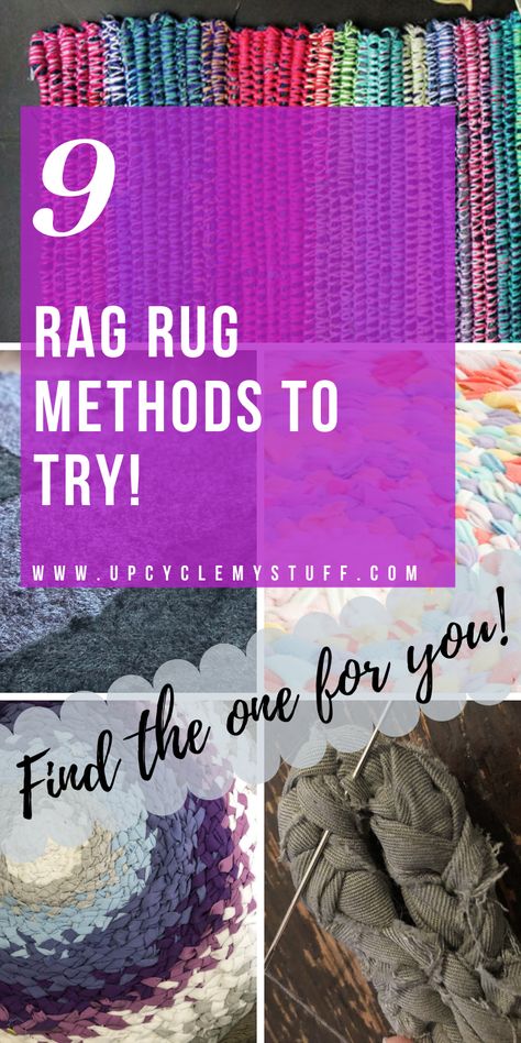9 different methods for making a rag rug from your scrap fabric. Includes braided t-shirt rugs, crocheted rag rugs, no sew rag rugs & rugs from fabric twine and old towels. From beginners to advanced. Find the perfect method for you! #ragrugs #scrapfabricideas Rag Rugs From Sheets, Rag Rug Making Diy, How To Make A Braided Rug No Sew, Crochet Rug With Fabric Strips, T Shirt Rug Diy How To Make, Tshirt Rag Rug Diy, Chindi Rugs Diy, Rag Rug Pattern, Making A Rag Rug