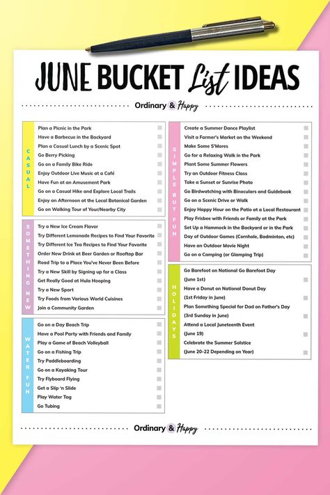 printable of 50 things to do in june split into categories with a pen on a colored background June To Do List, June Bucket List, Things To Do In June, June Ideas, Bucket List Winter, Ultimate Summer Bucket List, Couple Bucket List, Goal Planner Printable, Dance Playlist