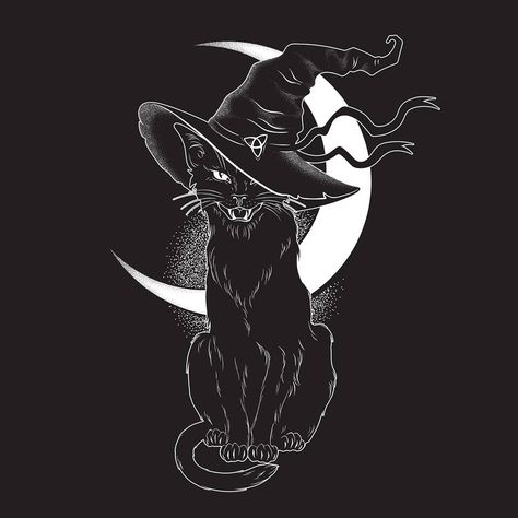 Halloween Night|Spooky Stuff!"When witches go riding, and black cats are seen, the moon laughs and whispers, ‘tis near Halloween." Chat Halloween, Witch Wallpaper, Black Cat Tattoos, Halloween Cartoon, Witch Tattoo, Witchy Wallpaper, Cat Costume, Black Cat Art, Witch Cat