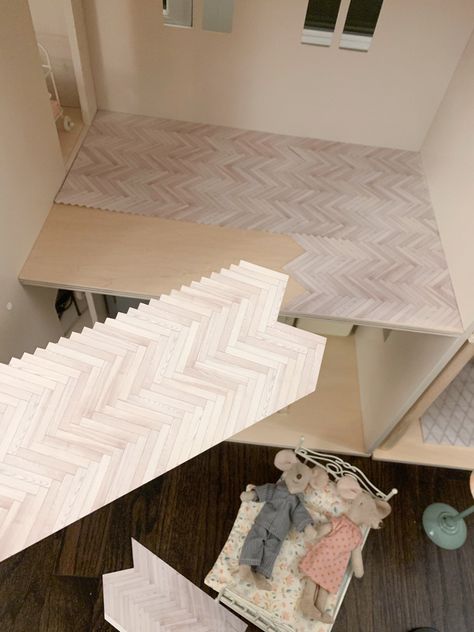 Maileg House Makeover: How to Install Herringbone Paper Dollhouse Flooring - Danielle Moss Balayage, Wooden Dolls House Makeover, Maileg House Ideas, Dolls House Flooring, Wooden Dolls House, Pottery Barn Dollhouse Makeover, Ikea Dollhouse Maileg, Magnolia Dollhouse Makeover, Building A Dollhouse Diy Ideas