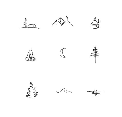 Minimalistic tattoo ideas by @free_tattoer Fine Line Tattoo Outdoors, Tiny Nature Tattoo Simple, Adventure Tattoos Small, Forest Minimalist Tattoo, Simple Camping Tattoo For Women, Mountain Related Tattoo, Simple Travel Tattoo Ideas, Montana Tattoos For Women, Camping Minimalist Tattoo