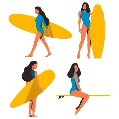 Surfer Girls, Holding Surfboard Pose, Surfer Cartoon, Surfing Drawing, Surf Drawing, Beach Graphics, Surfer Guys, Beach Drawing, Surfer Boys