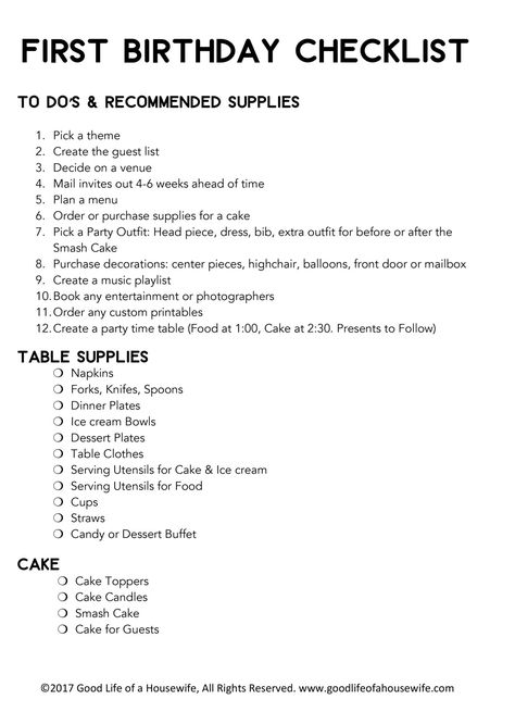 Here are some free printer friendly checklists to help you prepare for a first birthday.   SaveSave SaveSave Planning A 1st Birthday Party, What To Do At A One Year Old Birthday, Onederful Birthday Food Ideas, Things To Do At One Year Old Party, First Birthday Checklist Baby, Birthday Preparation Checklist, Things To Do At First Birthday Party, 1st Birthday Checklist, 1st Birthday Games Party Activities