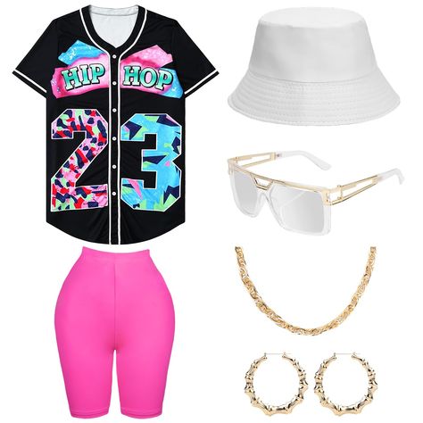 PRICES MAY VARY. 【80s 90s Neon Costumes & Accessories Set】：Includs 6 accessories, baseball jersey shirt x1, yoga pants x1, bucket hat x1, artificial gold rope chain x1, hip hop glasses x1, 1 pair of earrings. This complete outfit and accessory set is perfect for any 80s 90s-themed party, allowing you to stand out and express your hiphop style. 【Bright Colored Accessories】：Bright and colorful colors make you stand out at parties in the 80s 90s. Baseball jersey shirt, short sleeve yoga pants, and Hip Hop Glasses, 90s Baseball, Hiphop Style, Baseball Accessories, Hip Hop Costumes, Baseball Jersey Shirt, Outfit For Women, Unisex Clothes, 90s Outfit