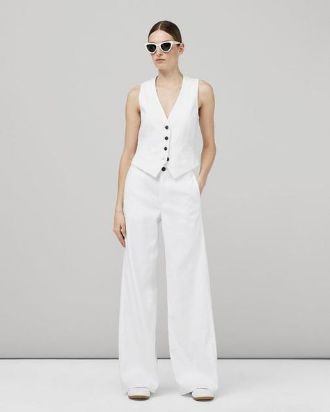 Buy the Priya Linen Vest | rag & bone Couture, Women’s Linen Suit, Women’s Suit With Vest, Linen Vests For Women, White Linen Vest Outfits For Women, Linen Vest And Pants Outfit, Linen Vest Women, Vest And Trousers Outfit Women, Vest And Pants Outfits For Women