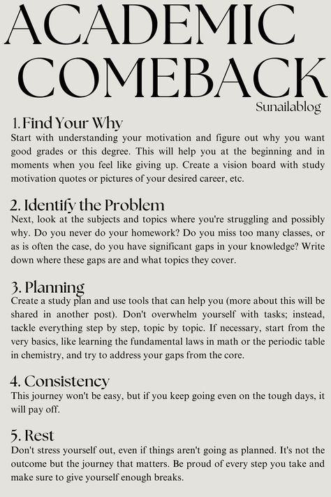 Here are some tips to help you make your academic comeback:  Remember to take care of yourself both physically and mentally to stay in top academic shape. #AcademicComeback #StudyTips #Motivation #Success How To Make An Academic Comeback, How To Become An Academic Achiever, Academic Comeback Aesthetic, Academic Goals Ideas, Academic Glow Up, How To Remember What You Study, How To Be Successful, Gcse Motivation, Motivation For School