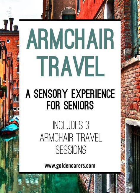 Armchair Travel takes people to faraway places without leaving home. It provides a sensory experience and the opportunity to learn about exotic lands and important past events in a meaningful manner. This is a wonderful activity for seniors living in nursing homes and suitable for people with dementia. Montessori, Activity For Seniors, Travel Outfit Summer Airport, Assisted Living Activities, Memory Care Activities, Senior Living Activities, Nursing Home Activities, Therapeutic Recreation, Senior Programs