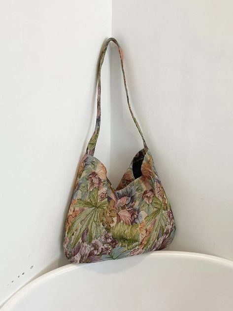 Floral Pattern Hobo Bag Large Capacity Top Handle For Daily | SHEIN EUR Cloth Tote Bags, Oversized Pattern, Hobo Bag Patterns, Boho Tote Bag, Linen Material, Pretty Bags, Gorgeous Bags, Bag Patterns To Sew, Fabric Bags