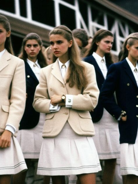 Couture, Vintage 60s Fashion Aesthetic, Preppy Y2k Aesthetic, Preppy Retro Outfits, 1980s School Fashion, Preppy Woman Outfits, Prepatory School Aesthetic, Preppy Collegiate Aesthetic, Retro Preppy Aesthetic