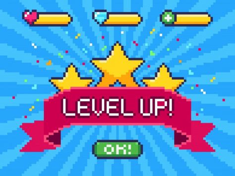 Level up screen. pixel video game achiev... | Premium Vector #Freepik #vector #ribbon #star #mobile #game Game Achievement, Pixel Video Game, Pixel Video, Arcade Game Machines, Gameboy Color, Yearbook Themes, Pixel Art Games, Pixel Games, 8 Bits