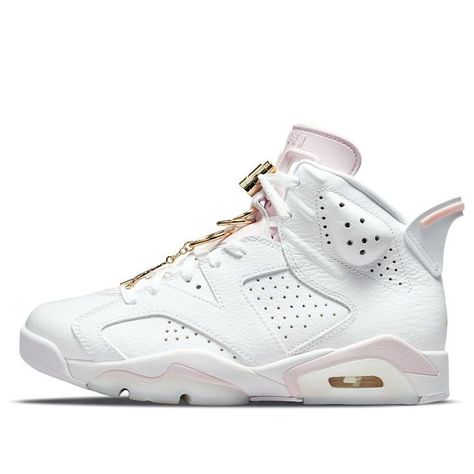 Air Jordan 6 Womens ‘Gold Hoops’ dressed in a White, Sail, Metallic Gold, and Barely Rose color scheme. Taking inspiration from Gold earrings, the pair uses interconnected Gold hoops that are attached to the shoe’s lace toggle. Materials on this model include White medium grain tumbled leather with Gold underlays, a semi-gloss lining and a milky-White translucent rubber outsole finishes the design. SKU: DH9696-100 Release Date: Jul 1st, 2021 Color: White/Sail/Metallic Gold/Barely Rose Air Jordan 6 Retro, Jordan 6 Retro, British Khaki, Jordan Model, Womens Air Jordans, Nike Dunk High, Air Jordan 6, Jordan Sneakers, Air Jordan 3