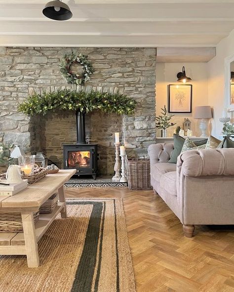 Brick Inglenook Fireplace, Country Living Room Rugs, Country Cottage Rugs, Coffee Table Cottage Style, Fireplace Country Farmhouse, Christmas Cottage Interiors, Country Style Lounge, Stone Cottage Fireplace, Country Living Room Sofas