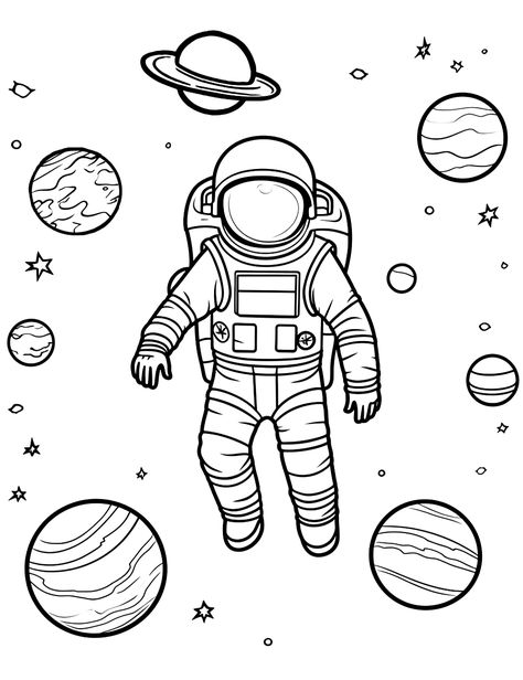 Astronaut on Spacewalk: An astronaut floating in space. (Free Printable Coloring Page for Kids) Astronaut Printable Free, Free Astronaut Printables, Space Themed Coloring Pages, Space Colouring Pages, Astronaut Picture, Planets Coloring Pages, Astronaut Coloring Page, Earth's Atmosphere Layers, Aurora Borealis From Space