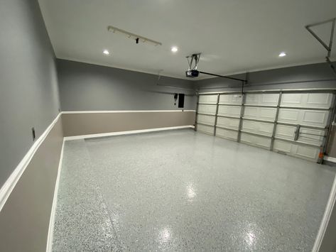 Epoxy floors 
Garage remodel 
Two tone garage 
Trim 
Baseboards
Crown moldings Two Tone Garage Walls, Garage Walls Paint Colors, Garage Trim, Garage Paint Ideas, Painted Garage Walls, Garage Paint Colors, New Baseboards, Garage Design Ideas, Garage Workbench Plans