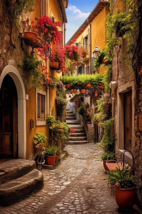 A Midjourney-generated image of a Tuscan street. Italian Architecture Aesthetic, Vintage Italian Aesthetic, Italia Aesthetic, Italian Restaurant Decor, Italy Countryside, Italian Streets, Live In Italy, Life In Italy, Driving In Italy