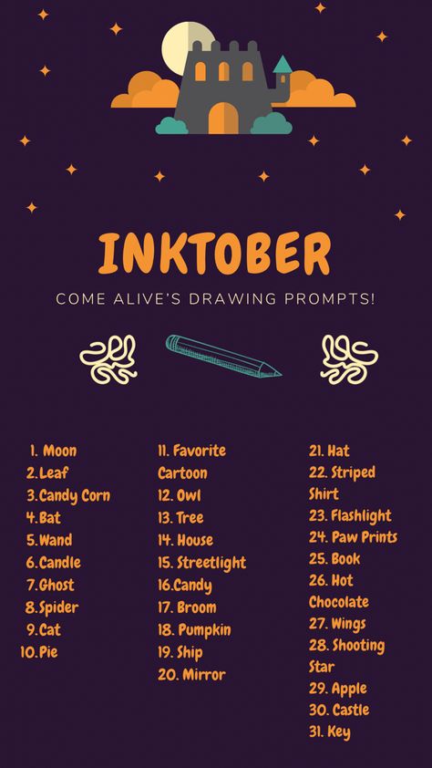 31 Days Of Halloween Drawings, October Art Prompts 2023, October Art Challenge, October Drawing Prompts, October Drawing Ideas, Inktober Drawings Ideas, Drawlloween Prompts, October Prompts Drawing, Halloween Drawing Prompts