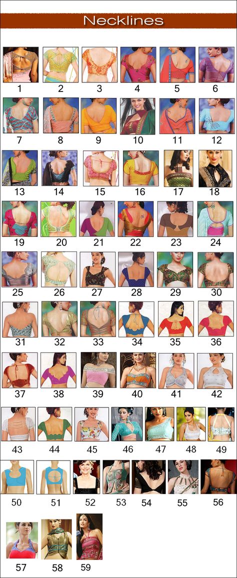 Hundreds of saree blouse patterns and designs Sari Neck Design, Women Saree Blouse Designs, Back Neckline Designs For Blouse, Patterns Blouses Designs, Blouse Types Patterns, Blouse Neck Line Design, Blouse Neck Ideas, Saree Blouse Patterns Sewing, Indian Blouse Pattern