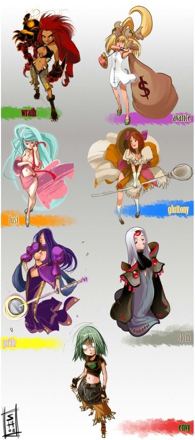 Seven Deadly Sins Envy Sin Character Design, 7 Deadly Sins As Humans, 7 Deadly Sins Character Design, Lust Sin Character Design, Pride Sin Character Design, Wrath Character Design, Lust Character Design, 7 Deadly Sins Art, Sloth Deadly Sin