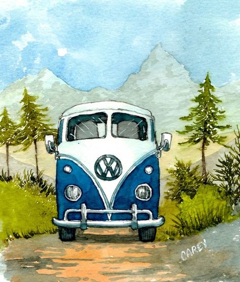Travel Journals, Croquis, Bus Drawing, Car Prints, Retro Campers, Travel Drawing, Watercolor Wash, Car Illustration, Dad Cards
