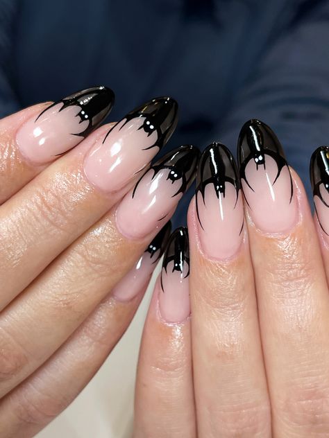 Goth Gel X Nails, Acrylic Nails Coffin Short Gothic, Black French Tip Nails Goth, Grunge Nail Ideas Almond, Goth Simple Nails, Short Bat Nails, Moth Acrylic Nails, Dark Nail Inspo Almond, Easy Dark Nail Designs