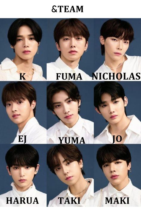 &TEAM with all names (sorry if i got a member wrong im still learning) | orignal pic from @acid2angel I just added their names Just B Members Names, Ikon Members Name, Ikon Names Member, &team Names, The Boyz Name Members, Kpop Group Members Names, Seventeen Names And Faces, Txt With Names, Kpop Members Names