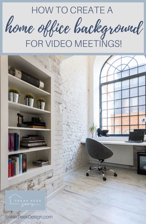 How to Create a Home Office Background Wall for Video Meetings | Sneak Peek Design Home Office Background Wall, Office Backdrop, Home Office Background, Create A Home Office, Home Office Shelves, Built In Hutch, Minimalist Home Office, Office Background, Stay Productive