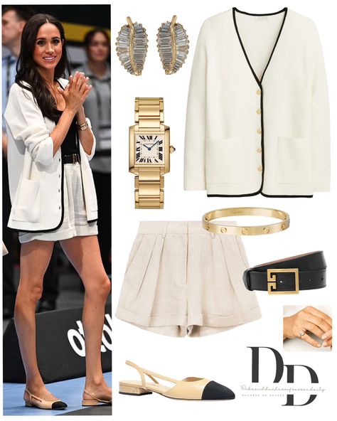 Chanel Flats Slingback, Chanel Flat Slingback, How To Style Slingback Shoes, Chanel Slingback Flats Outfit, Chanel Slingback Outfit Dress, Meghan Markle Watch, Country Club Lunch Outfit, Chanel Slingback Shoes Outfit, Chanel Earrings Outfit