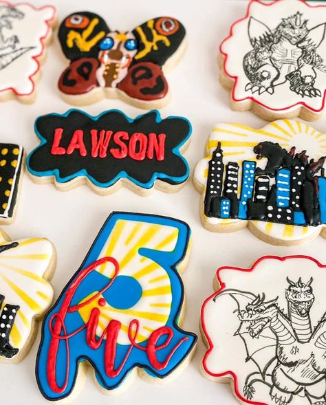 Custom Godzilla Cookies by Frosted by Britt ( Covington, GA) Pastel, Godzilla Cookies Decorated, Godzilla Cookies, Kong Treats, Godzilla Party, Godzilla Birthday Party, Godzilla Birthday, King Kong Vs Godzilla, Covington Ga