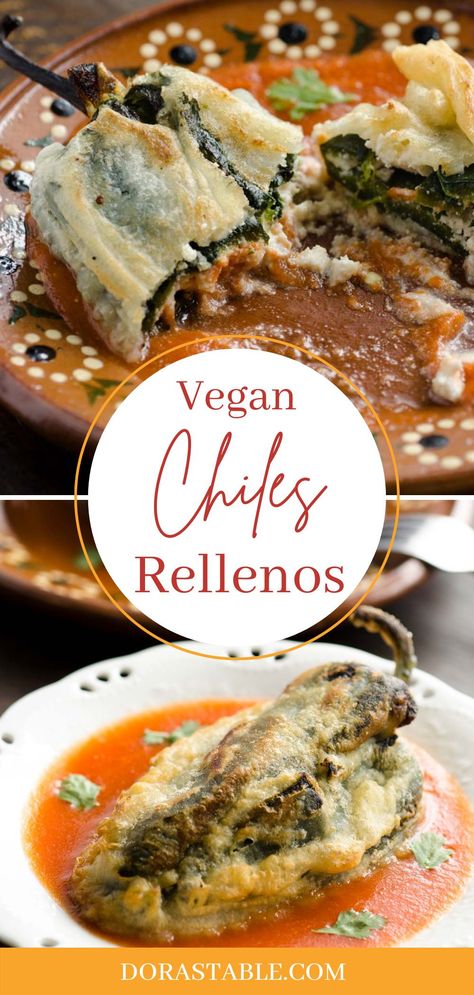 They are crispy, melty, and spicy. Everything a chile relleno should be. Chiles filled with two types of vegan cheeses and fried until crispy, they are 100% Vegan. Enjoy! #vegandinner #veganmexican #chilesrellenos Vegan Taco Ideas, Vegan Chili Relleno, Vegan Chilaquiles, Poblano Recipes, Chili Rellenos, Mexican Vegan, Vegan Tamales, Poblano Pepper, Chili Relleno