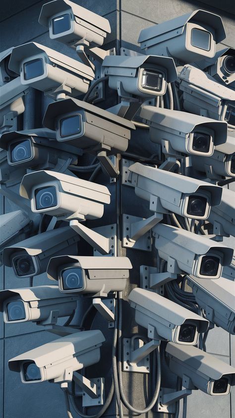 A detailed and realistic image of a cluster of surveillance cameras mounted on a wall. The cameras, ranging from compact to bulky, are positioned strategically to monitor the surrounding area from different angles. Each camera has a distinct design and lens orientation, emphasizing the diversity in security equipment. Metal brackets hold the cameras in place, and a web of wires connects them to a central control unit. The atmosphere of the image is that of a secure and protected environment, wit Philosophy, Cameras, Surveillance Equipment, Security Equipment, Different Angles, Surveillance Cameras, Control Unit, The Wall, Hold On