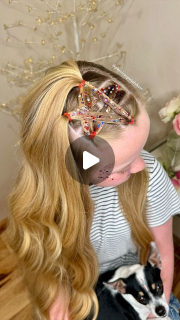 Jenna McDaniel- Girl’s Hairstyles on Instagram: "⭐️ Honoring and remembering all of the fallen heroes & their families this Memorial Day. 🇺🇸 ❤️🤍💙🇺🇸  Today we did a simple glittered star! Pay attention to the elastic placements so you get a nice sharp star. If you don’t have glitter you could totally braid the strands for extra detail. This one is so fun for all of the festive activities this summer!   ✨ glitter from @glitterbyvee ❤️red elastics from @theponypick  use code: “hair20” for a discount" Cute Fourth Of July Hairstyles Short Hair, 4thof July Hairstyles, Star Fourth Of July Hair, Star In Hair Kids, Girls Star Hairstyle, Fun 4th Of July Hairstyles, Star 4th Of July Hair, Star Hair Braid, 4th Of July Hairstyles Star