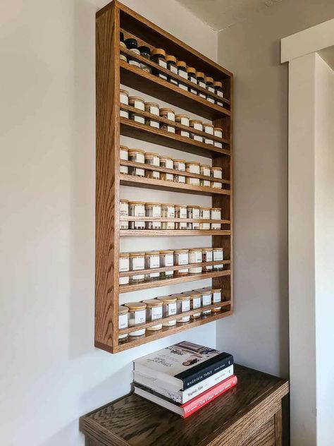 Want to get your spices out of the kitchen drawer or cabinet? This DIY spice rack is the perfect solution! Download our free woodworking plans to build it yourself! Farmhouse Spice Cabinet, Spice Storage Cabinet, Kitchen Shelf Organization, Rack Organization Ideas, Spice Rack Plans, Clutter Free Kitchen Countertops, Spice Rack Design, Spice Storage Solutions, Magnetic Spice Rack