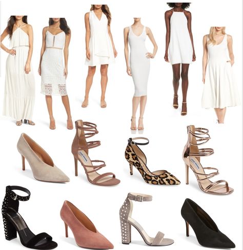 What shoes to wear with a little white dress Right Shoes For Dress, Best Shoes For Cocktail Dress, What Type Of Shoes To Wear With Dresses, What Footwear To Wear With Dresses, White Dress Shoes Outfit, Shoes To Wear With White Dress, Kristen Taekman, Dresses And Heels, Midi Formal Dress