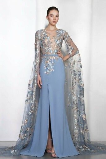 Cape Dress Long, Fancy Cocktail Dresses, Ziad Nakad, Embroidered Cape, Gowns Dresses Elegant, Cape Gown, One Shoulder Cocktail Dress, Midi Dress Style, Bride Groom Dress