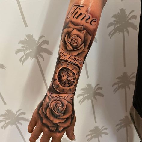 Men Four Arm Tattoo, Whole Tattoo Sleeve, Good Arm Tattoos, Starter Arm Sleeve Tattoo, Hand To Forearm Tattoo For Men, Tattoo Hand Ideas For Men, Good Arm Tattoos For Men, Arm Tattoo That Goes Onto Hand, Tattoo Ideas For Names For Men